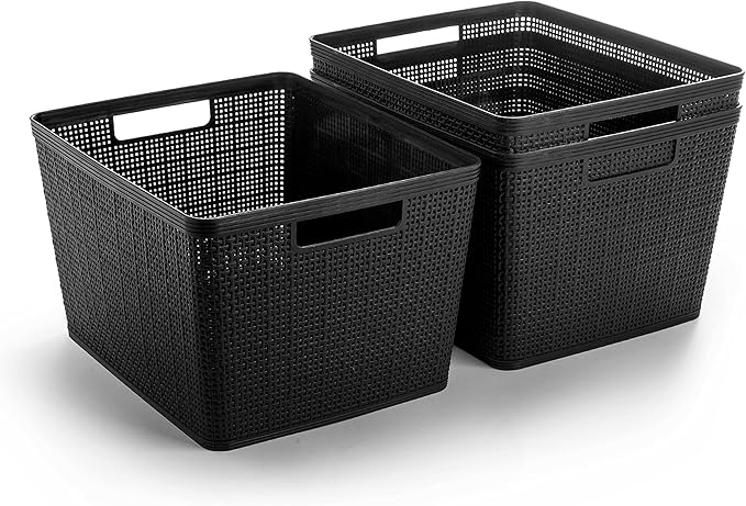 BINO | Woven Plastic Basket | Large (Black), 3-Pack | THE JUTE COLLECTION | Home Organization, Space - Saving Storage, Stylis