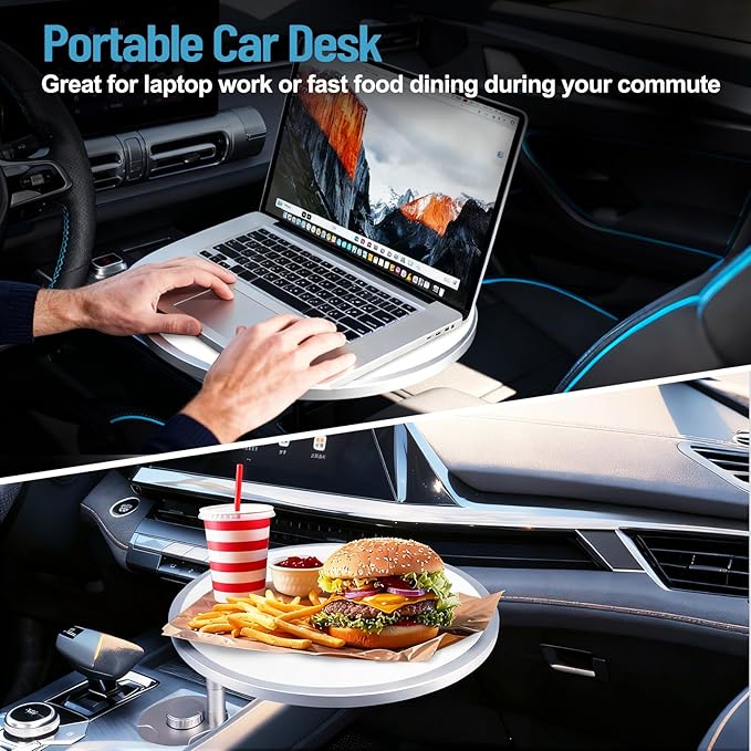 Car Tray Table & Car Desk for Laptop with 2 Risers and Anti-Slip Pad, 360° Rotating Cup Holder for Working and Eating Compatible with Tesla Model 3/Y/S, Ford F150/Explorer/Maverick & Most Vehicles/EV