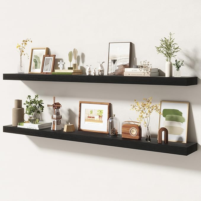 55 Inch Floating Shelves | 6.5 Inch Deep Black Floating Shelves Set of 2 | 55" W x 6.5" D Rustic Black Wood Wall Shelves with