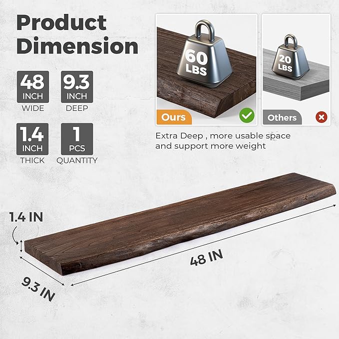 RICHFOCUS Live Edge Elm Floating Shelves - 48" W x 9.3" D Rustic Solid Wood Wall Shelves with Invisible Bracket, Wall-Mounted
