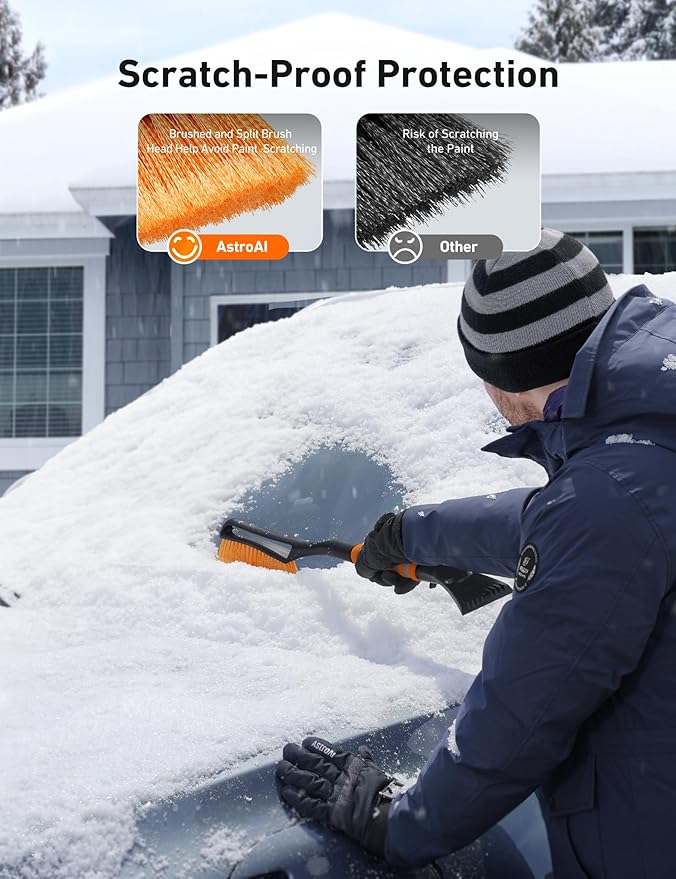 AstroAI 27" Snow Brush and Ice Scrapers for Car Windshield, Detachable Snow Scrapers with Ergonomic Foam Grip for Cars, Trucks, SUVs (Heavy Duty ABS, PVC Brush, Orange) (Pack of 2)