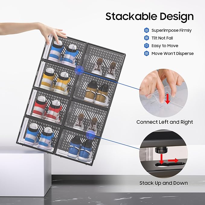 eWonLife X-Large Shoe Boxes with Magnetic Door, 12-Pack Stackable Shoes Storage Organizer for Closet, Clear Plastic Sneaker C