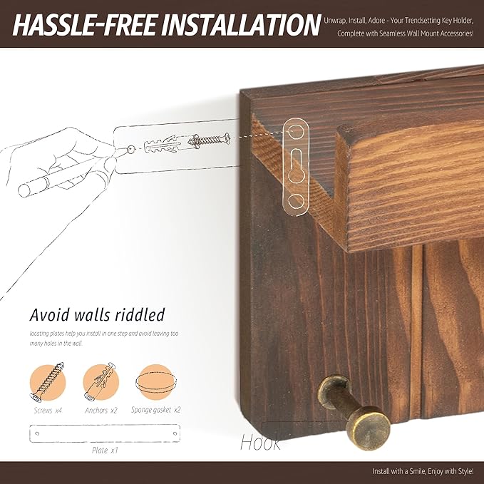 Rebee Vision Pine Wood Farmhouse Key Holder Wall Mount - Small Key Holder for Wall with 4 Hooks & Floating Shelf - Rustic Let