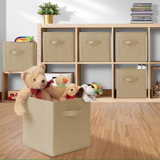 Casafield Set of 6 Collapsible Fabric Cube Storage Bins, Sandy Beige - 11" Foldable Cloth Baskets for Shelves, Cubby Organize
