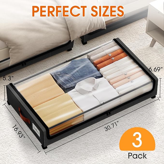 Under Bed Storage with Wheels 3Pack Storage Containers with Clear Window&Label Under Bed Drawers Rolling Under Bed Storage fo