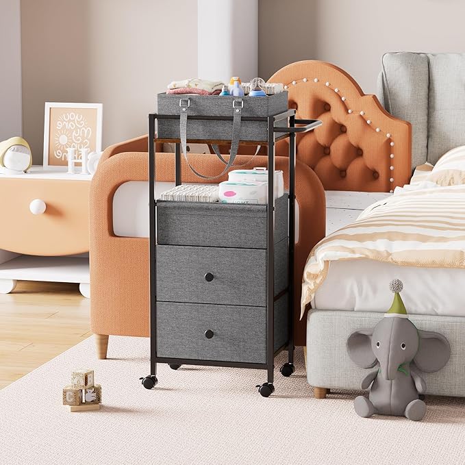 Modanais Baby Diaper Caddy Organizer Cart with Drawers - 3In1 Rolling Storage Cart with Wheels, Removable Diaper Caddy, Detac
