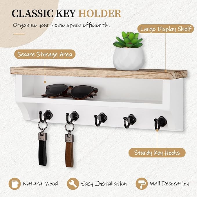 Nekon Key Holder Wall Mount, Wall Organizer Shelf with 5 Key Hooks, Room Decor for Home and Apartment Essentials, Light Brown