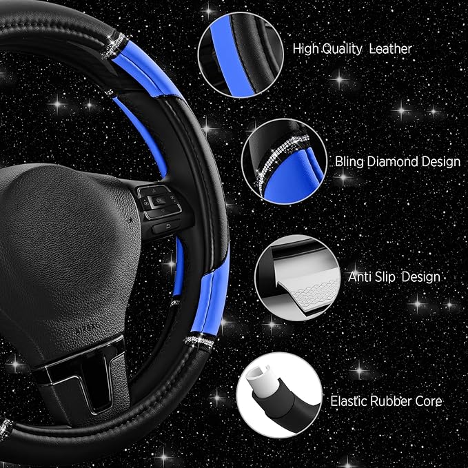 Road Comforts Leather Steering Wheel Cover - Made with PVC Leather - Anti-Slip, Universal Fit 14 1/2 inches to 15 inches - Bl