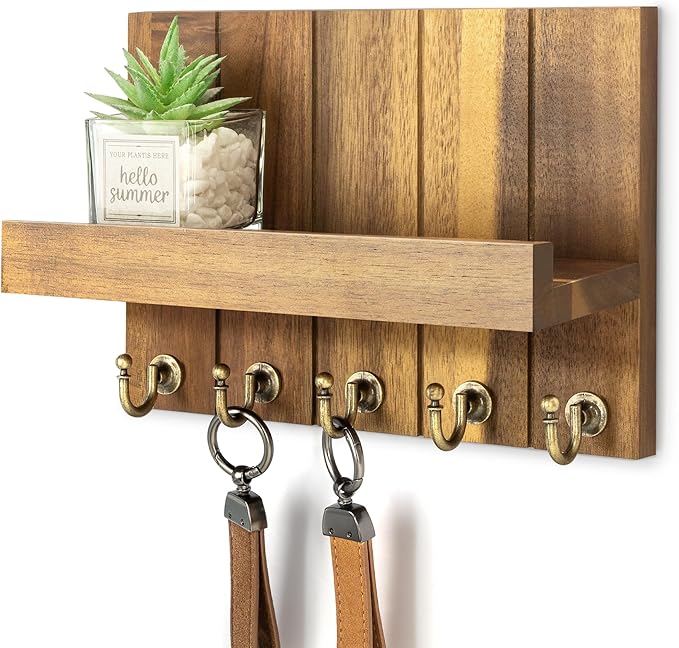Rebee Vision Acacia Wood Key Holder Wall Mount – Farmhouse Key Holder for Wall & Mail Organizer with Shelf for Home Decor – I