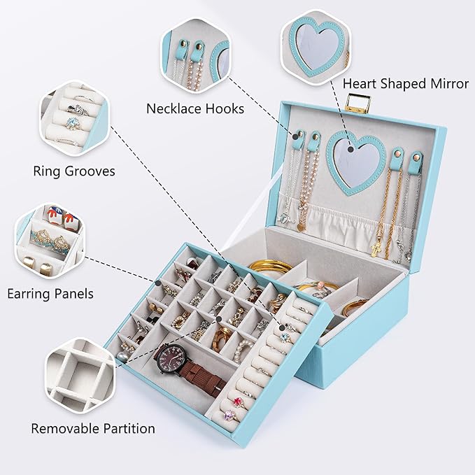 Dajasan Jewelry Box for Teenage Girl Gifts, Jewelry Organizer Box for Little Girls Kids, 2-Layer Large Jewelry Gift Box for C