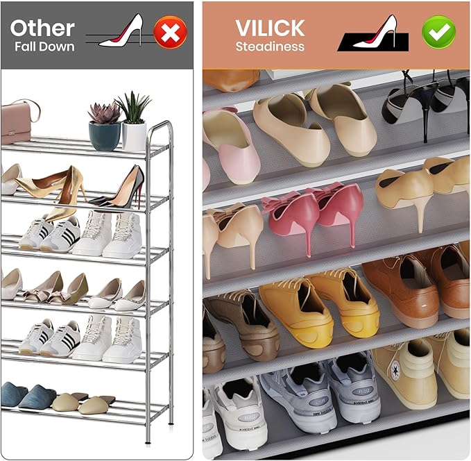 VILICK Shoe Rack for Closet Shoe Organizer Space Saver Storage for 20-25 Pair Shoe Shelf with Hook and Side Pocket Free Stand