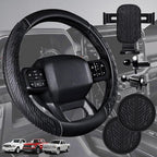 CAR PASS Leather Rubber Steering Wheel Cover Combo Set Universal Fit for Truck SUV Car Ram F150 Tundra 4Runner Tacoma Mobile Phone Holder Anti-Slip Heavy Duty Tire Tread Large-Size 15.5"-16" Black