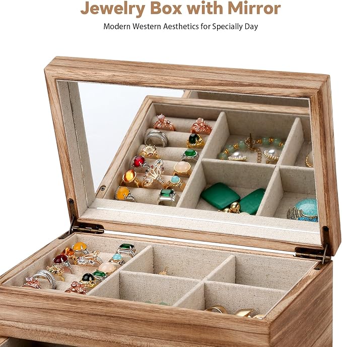 Meangood Jewelry Box Organizer for Women, 2 Layer Large Jewelry Storage Case, Rustic Wooden Jewelry Box with Mirror & Ring Tr