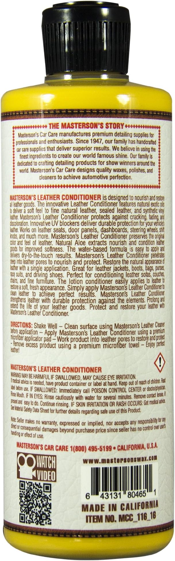 MASTERSON'S CAR CARE MCC_116_16 Leather Conditioner Dry-to-The-Touch - Restores Leather Interiors, Seats, Boots, Bags, Appare