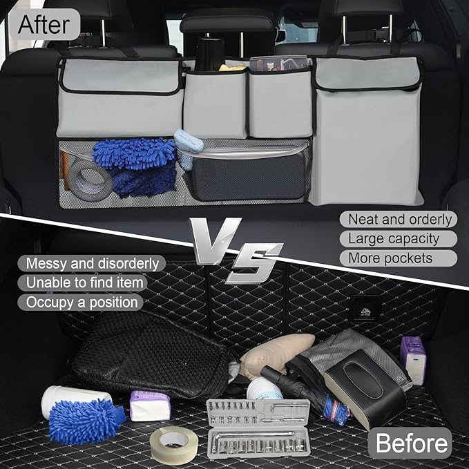 UYYE Trunk Hanging Organizer, Backseat Storage Bag, Collapsible Car Interior Accessories with 4 Pockets & 2 Mesh Pouches for