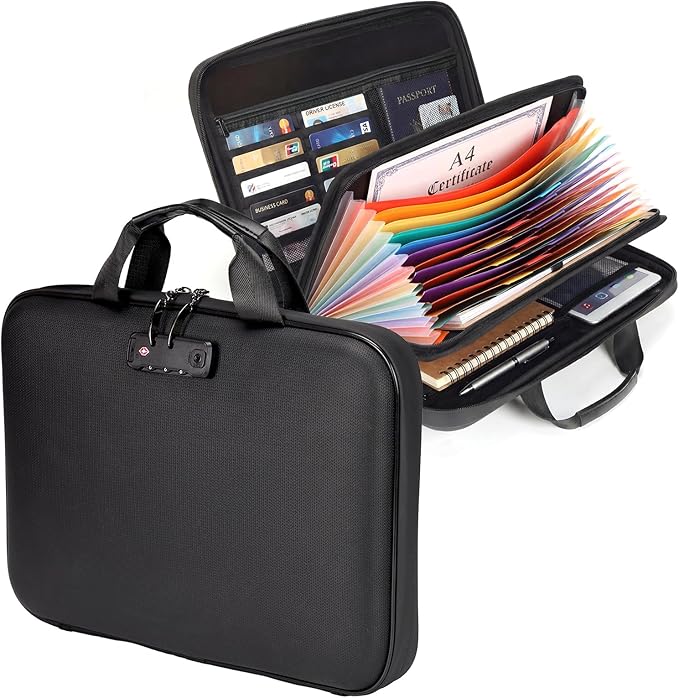 Calenzana Fireproof Document Boxes with TSA Lock, Upgraded 16 Pockets Fireproof＆Water Resistant File Organizer, Hard-Shell Sa