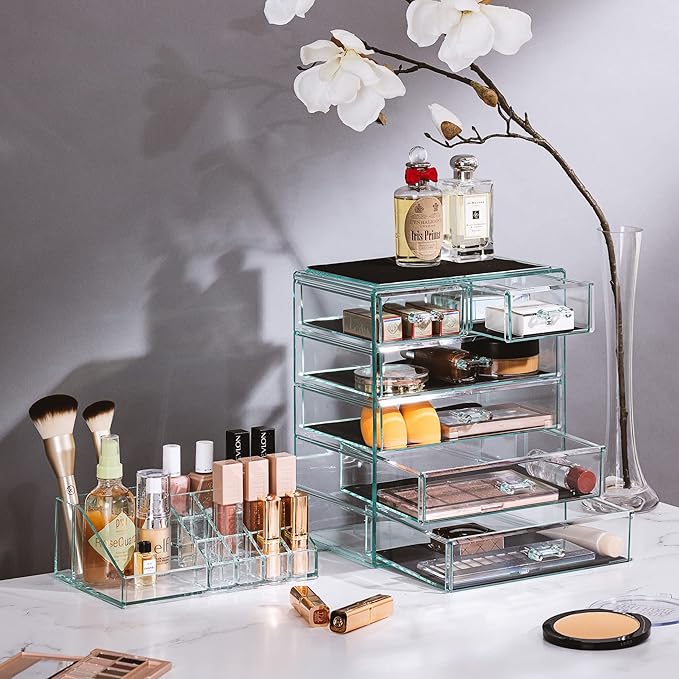 Sorbus Acrylic Makeup Organizer Set, 6-Drawer Vanity & Countertop Cosmetic Storage with Small & Wide Compartments, Teal Thril