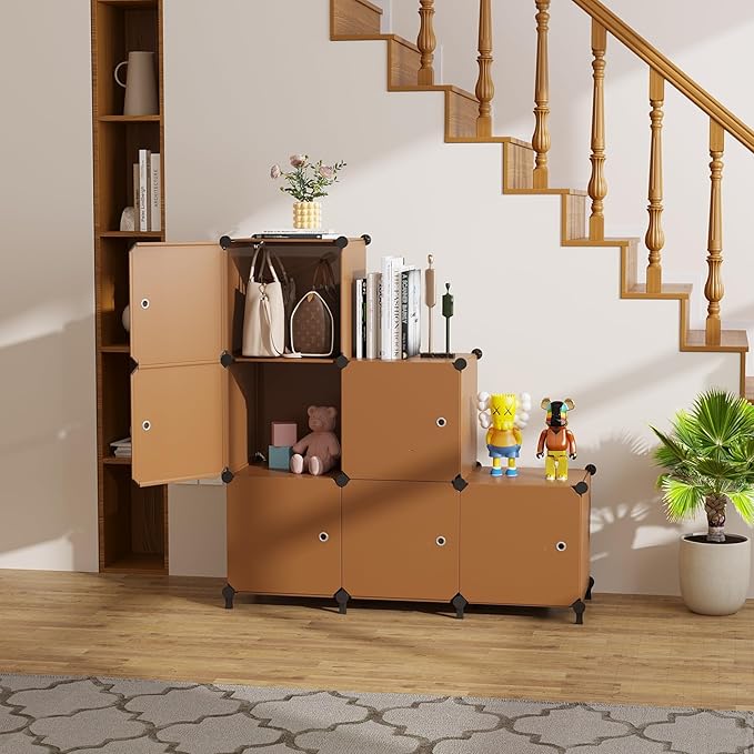 Cube Storage Organizer, 6-Cube Shelves Unit with Doors, DIY Stackable Plastic Clothes Organizer for Bedroom and Under Stairs 