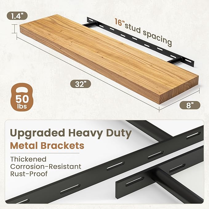 Fun Memories Solid Elm Wood Floating Shelves Set of 2-32 Inch Rustic Wall Shelves with Heavy-Duty Invisible Brackets - for Li