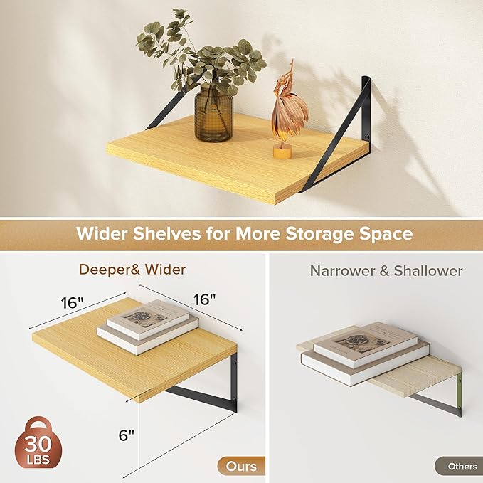 Deep Floating Shelves Wall Mounted, 16"x12" Oak Wall Shelves with Brackets Set of 2 for Bedroom, Living Room, Bathroom, Kitch