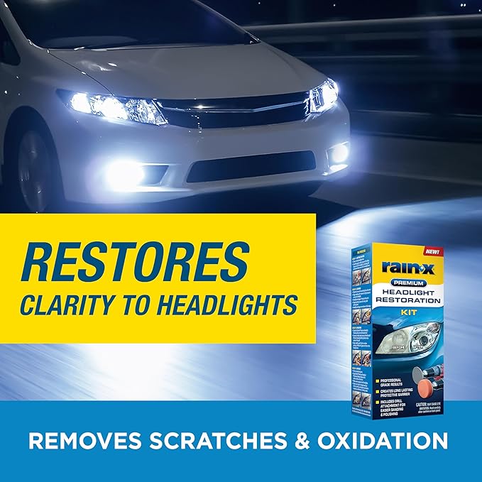 Rain-X 610153 Headlight Restoration Kit - Car Light Lens Cleaner/Restorer with Sanding & Polishing Drill Attachments & Sealan