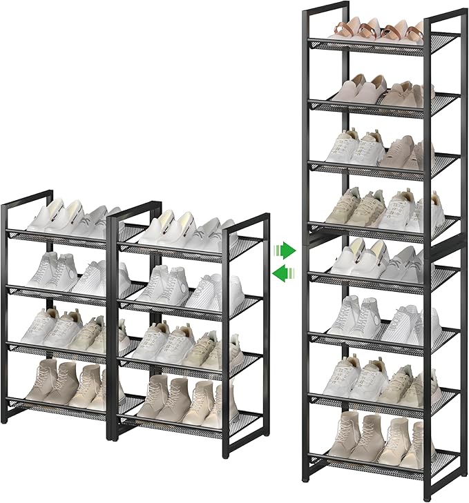 8 Tier Shoe Rack, Tall Metal Shoe Storage with Adjustable Shelves, Holds 16-20 Pairs, Stackable Shoe Stand for Garage Hallway