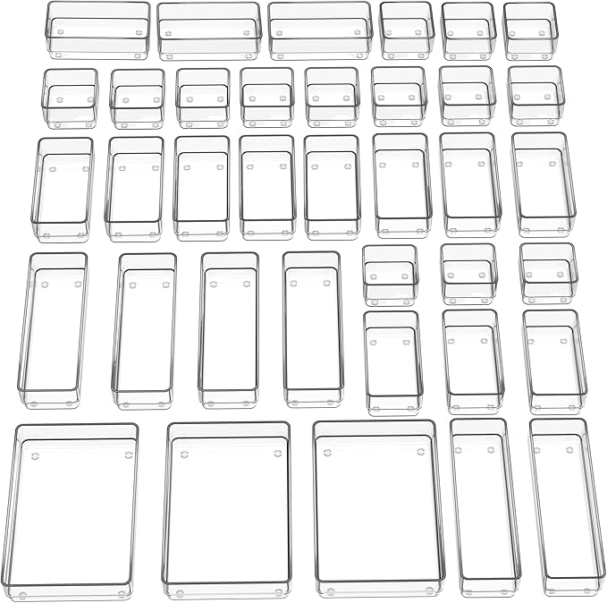 SMARTAKE 37-Piece Drawer Organizer with Non-Slip Silicone Pads, 4-Size Desk Drawer Organizer Trays Storage Tray for Makeup, J