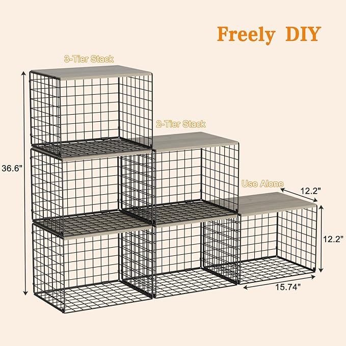 Extra-Long Closet Organizers and Storage with Top Board, 3 Pack Stackable Closet Shelf Organizer, Double Storage Design Cloth