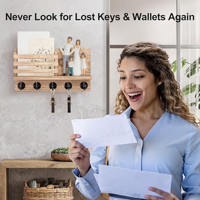 Lwenki Key Holder for Wall – Decorative Wooden Mail Holder and Key Shelf with Mounting Hardware, Installation Guide – Paulown