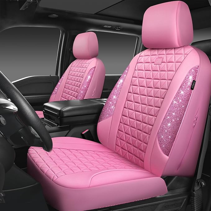 CAR PASS Bling Diamond Pink Leather Car Seat Covers Full Sets Interior Sets, Waterproof Shining Glitter Sparkly Crystal Unive