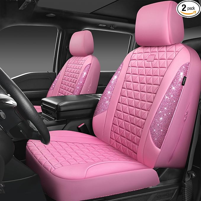 CAR PASS Bling Diamond Pink Leather Car Seat Covers for 2 Front Seats Protector, Waterproof Shining Glitter Sparkly Crystal U