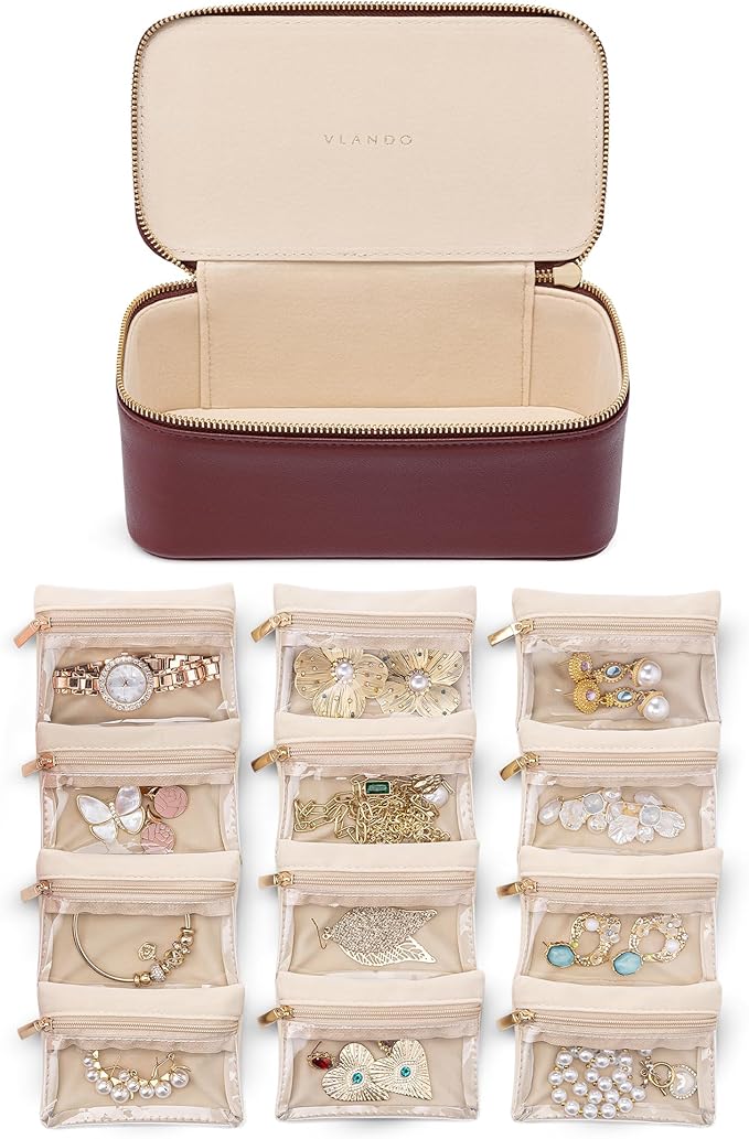Vlando Jewelry Box with 12 Velvet Jewelry Bags Travel Jewelry Case for Girls Jewelry Organizers Necklace Rings Earrings Stora