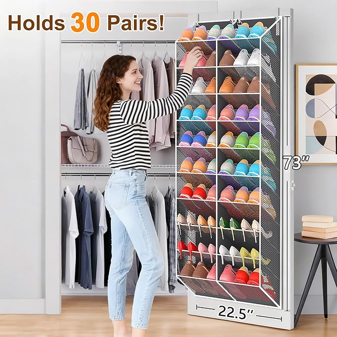 20-30 Pairs Over the Door Shoe Organizer, Breathable Mesh Pocket Hanging Shoe Storage for Closet, 10-Tier Door Shoes Rack, Ha