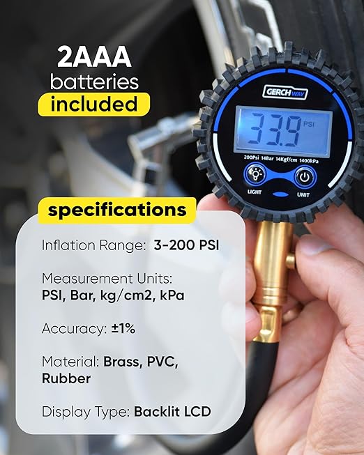 Digital Tire Pressure Gauge 200 PSI - Accurate Air Pressure Gauge for Tires with Easy-to-Read Numbers & 45° Angle Chuck