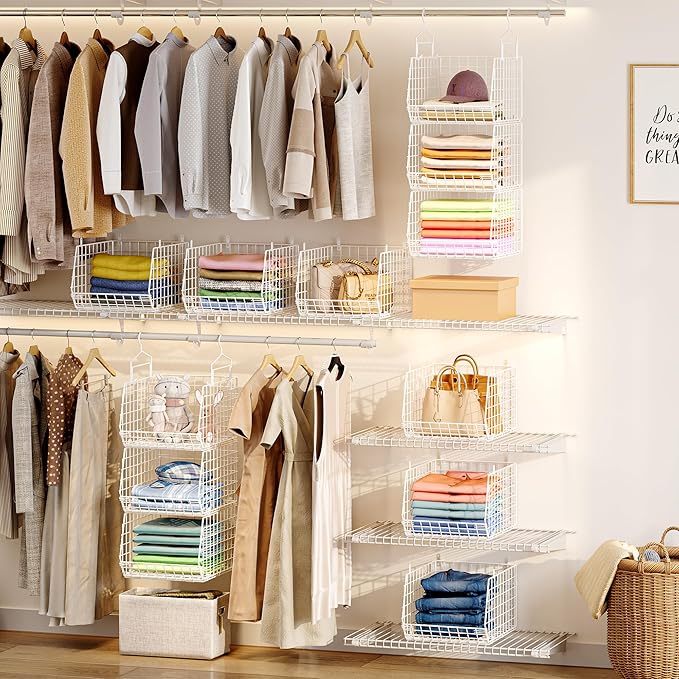 4" Extra Deeper Foldable Hanging Closet Organizer, Small Wire Cabinet Shelves and Storage with 5 S Hooks,4 Tier Metal Basket 