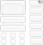 Vtopmart 15 PCS Clear Plastic Drawer Organizers Set, 4-Size Versatile Bathroom and Vanity Organizer Trays, Non-Slip Storage C