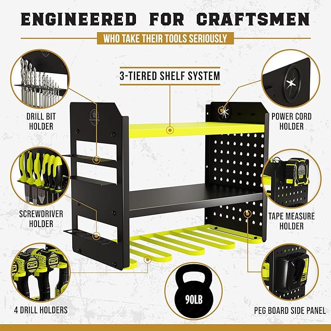 BUILTSTRONG Heavy-Duty Metal Tool Storage Rack - 3-Tier Wall Mount Organizer, Drill Holder, Utility Racks, PegBoard Side, Gar