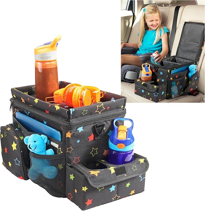 High Road CarHop Car Organizer for Kids and Passenger Seat Organizer for Adults - Road Trip Cooler with Car Cup Holder Tray and 6 Organization and Storage Pockets