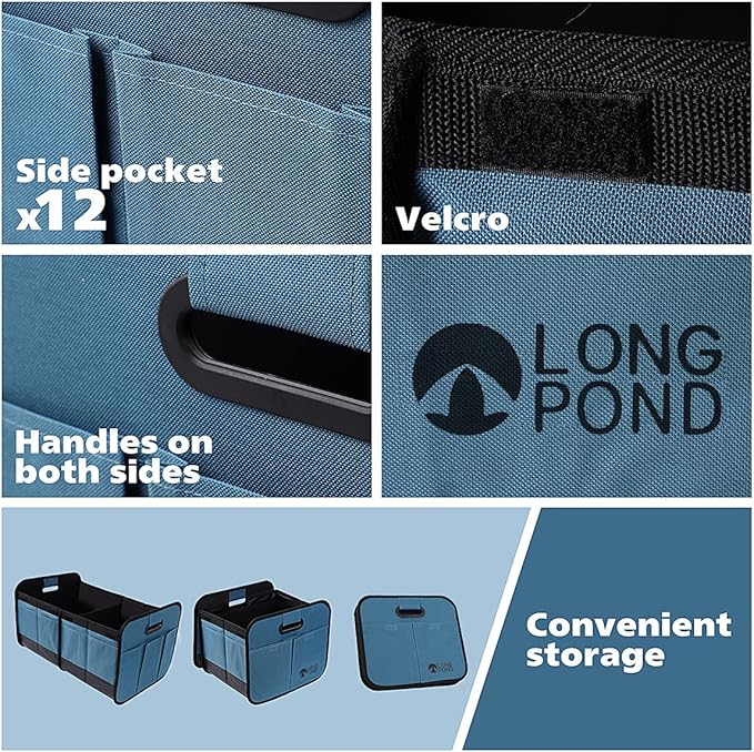 Long Pond Car Trunk Organizer, Storage for SUVs or Sedans, Foldable Cargo Containers with 9 Pockets and Reinforced Handles,