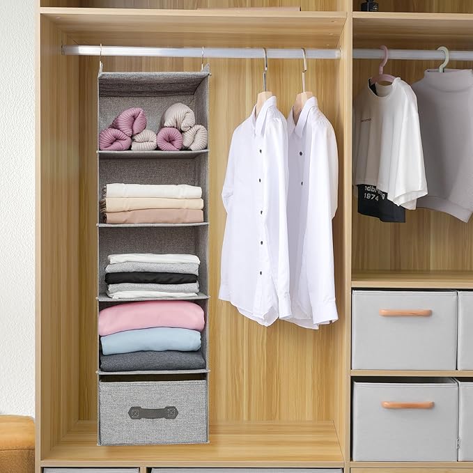 Large Hanging Sweater Organizer for Closet,Collapsible 6-Shelf Hanging Closet Shelves with Drawers, Washable (Grey-5 Shelf-1 