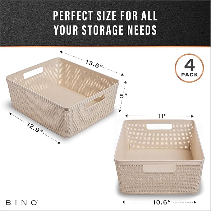 BINO - Woven Plastic Basket, Medium (Natural), 4-Pack, The Jute Collection, Home Organization, Space-Saving Storage, Stylish 