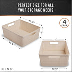 BINO - Woven Plastic Basket, Medium (Natural), 4-Pack, The Jute Collection, Home Organization, Space-Saving Storage, Stylish 