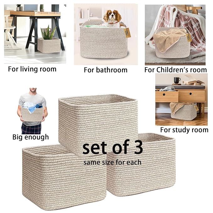 COMFY-HOMI 3Pack Small Woven Cotton Rope Basket for Organizing, Gift Baskets for Handles, Empty Gift Baskets, Medium Rope Bas