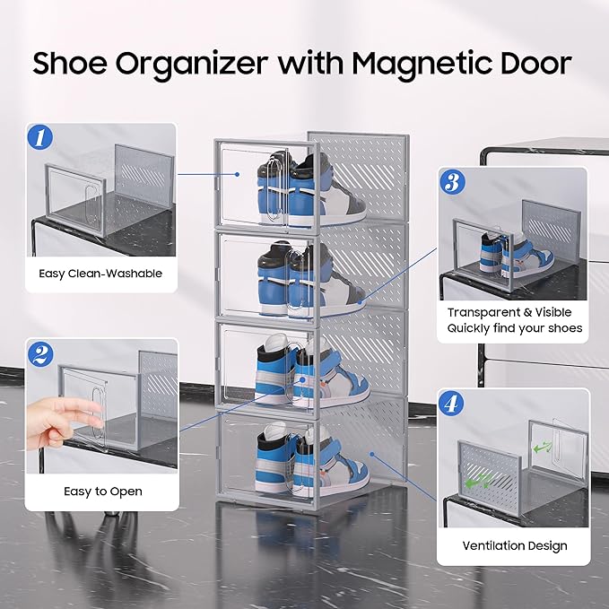 eWonLife Large Shoe Organizer Storage Box with Magnetic Door,12 Pack Clear Plastic Stackable Sneaker Containers for Closet, C