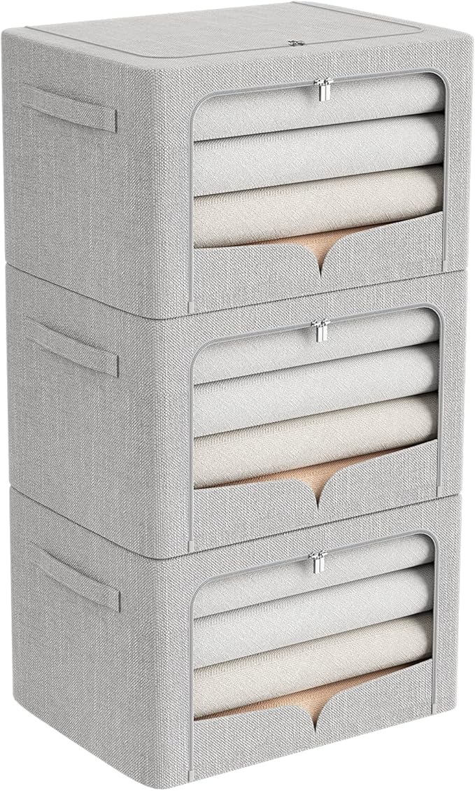 FHSQX 3 Pack Clothes Storage Bins - Foldable Metal Frame Storage Box - Stackable Linen Fabric Container Organizer Set with Ca