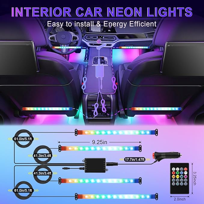 LivTee Interior Car LED Lights, Smart RGB Ambient Lighting with App & Remote Control, Music Sync & DIY Modes, 4-Line Design LED Strip Lights, 12V Cigarette Lighter Powered, Car Accessories for Women