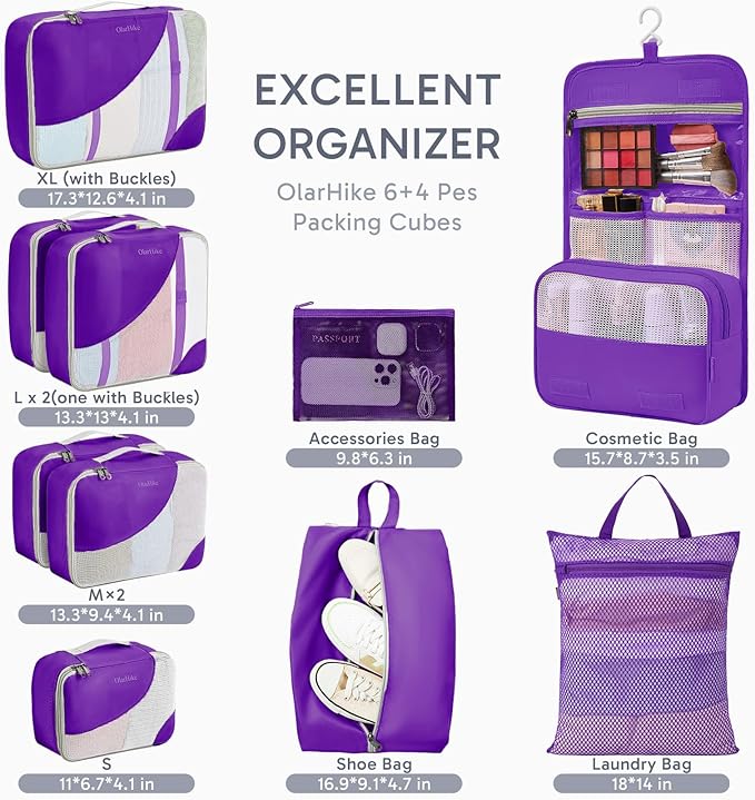 10 Set Packing Cubes for Travel, Gifts for Women Mom,Anti-Tearing Suitcase Organizer for Luggage with Shoe & Hanging Toiletry