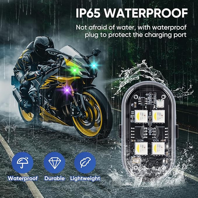 Upgraded 4LEDs 8PCS Wireless LED Strobe Lights with Remote Control, 8 Colors Type-C Rechargeable Led Lights Anti Collision Warning Light for Car Motorcycle Bike Drone Aircraft
