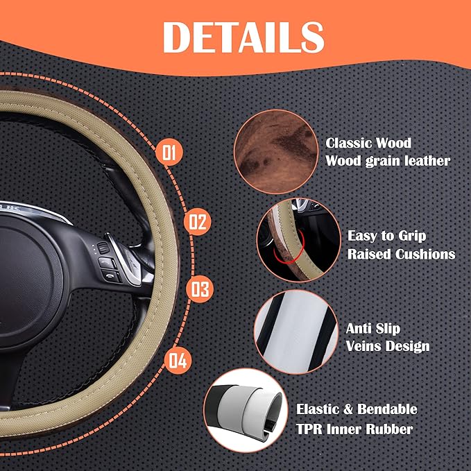 CAR PASS Wood Grain 14.5-15 inch Microfiber Leather Steering Wheel Cover, Anti-Slip Veins Design Steering Wheel Universal Fit