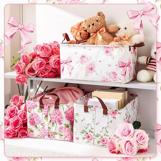 Boao 3 Pcs Pink Hydrangea Foldable Storage Baskets Pink Flower Laundry Basket with Handles Waterproof Storage Bins Fabric She
